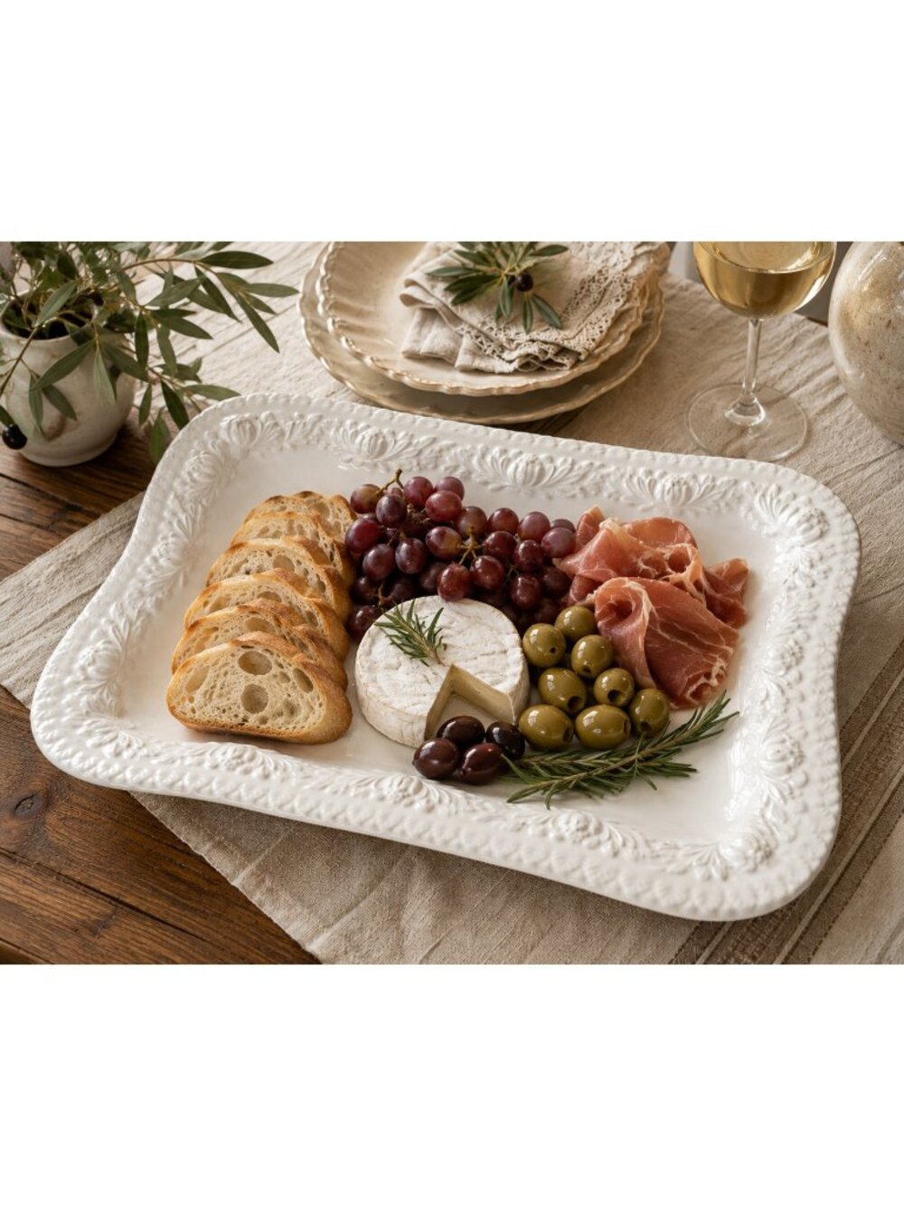 Vintage Italian White Ceramic Serving Platter 16x12 Rose Leaf Border Serveware